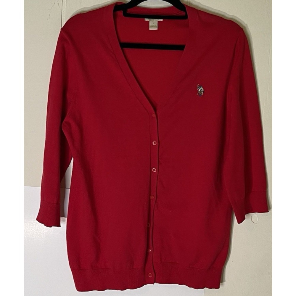 US Polo Assn Women's Red Cardigan Size L Button Front Sweater Polo Pony Logo